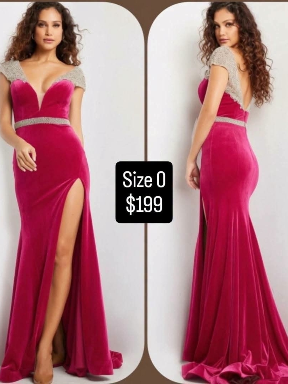 Jovani Fuchsia Velvet Gown with Beaded Cap Sleeves